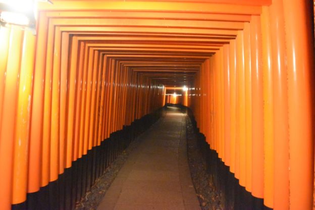 夜の伏見稲荷大社の鳥居は神秘的です