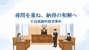 女性裁判官を中央に配置した法廷のイラストと「尋問を重ね、納得の和解へ」の文字