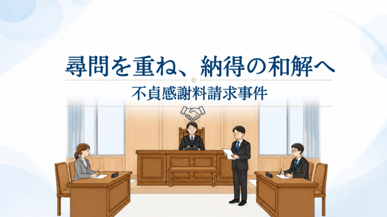 女性裁判官を中央に配置した法廷のイラストと「尋問を重ね、納得の和解へ」の文字