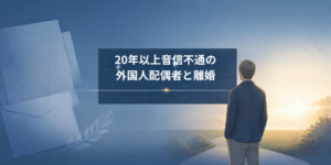 20年以上音信不通の外国人配偶者との離婚解決を表現した横長イラスト