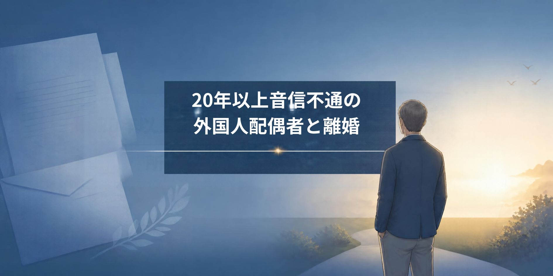 20年以上音信不通の外国人配偶者との離婚解決を表現した横長イラスト