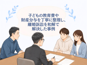 離婚訴訟で教育費や財産分与を整理し、和解で解決した事例を表す、水谷弁護士と夫、子ども2人の相談イラスト