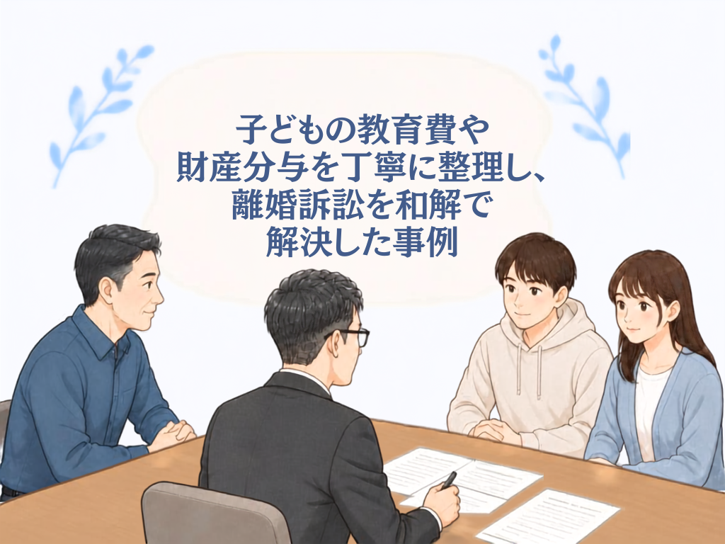 離婚訴訟で教育費や財産分与を整理し、和解で解決した事例を表す、水谷弁護士と夫、子ども2人の相談イラスト